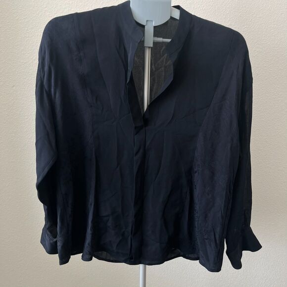 Vince Silk Semi Sheer Popover Blouse Black Floral Long Sleeve Size SM Minimalist - Picture 1 of 8